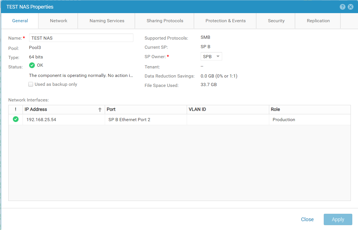 screen shot showing NAS Server name successfully changed to "TEST NAS" on Unity OE below 5.1 code