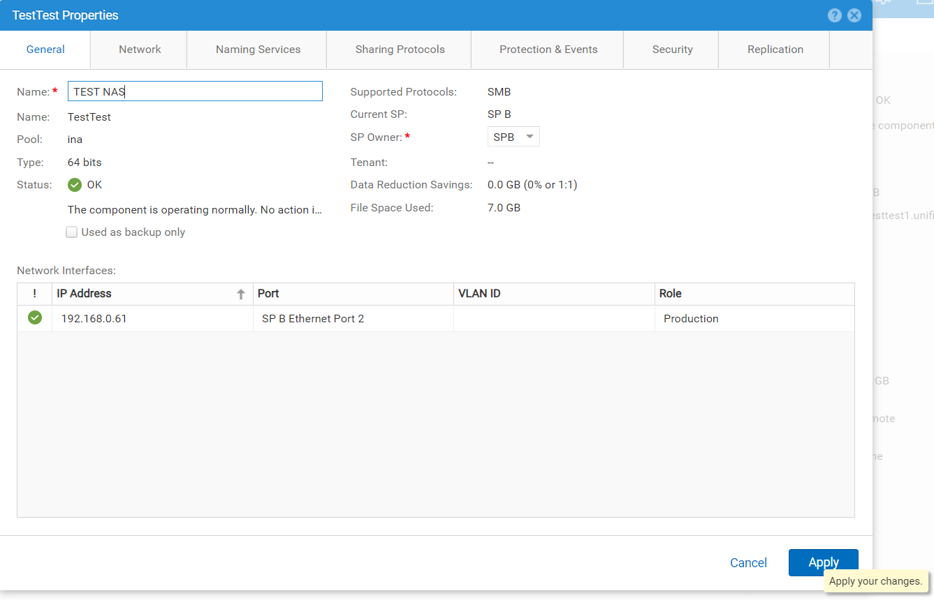 screen shot showing request to change NAS Server name to "TEST NAS" on Unity OE 5.1 code