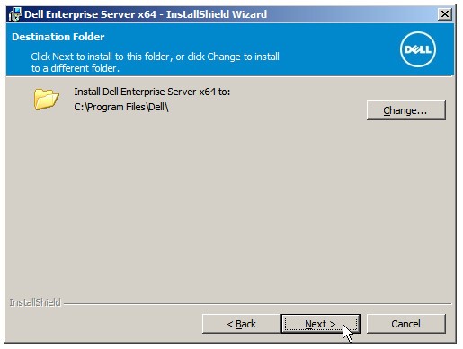 Obrazovka cílové složky serveru Dell Data Protection Enterprise Edition Server