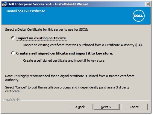 Opciones de certificado de cifrado del servidor de instalación