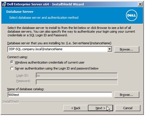 Pantalla de credenciales del servidor de base de datos