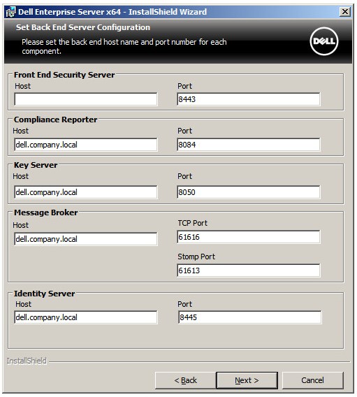Schermata di configurazione del server back-end