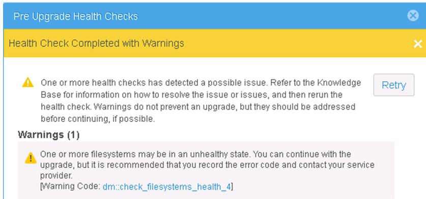 Message d’avertissement Pre-Upgrade Health Checks