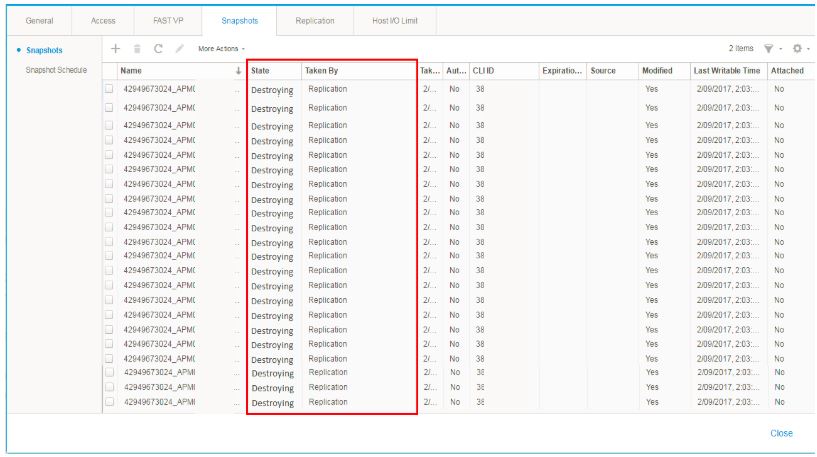 Unisphere UI se på snanpshots