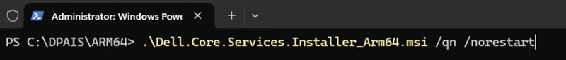 Terminal de Windows, ejemplo de instalación silenciosa de Dell.Core.Services