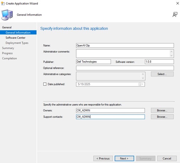 Create Application Wizard: General Information