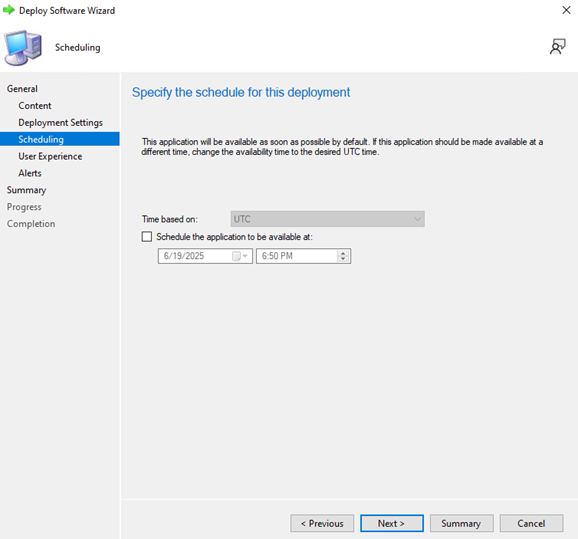 Scheduling page with the option to Schedule the application to be available later