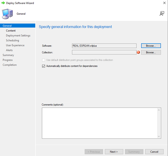 General page in the Deploy Software Wizard
