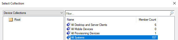 Select Collection window with Device Collections selected