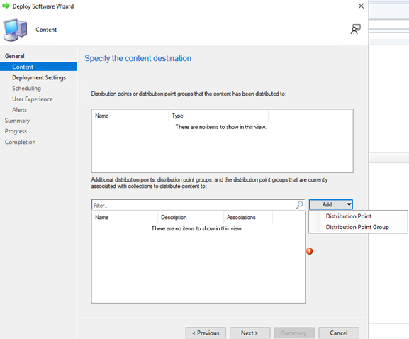 Adding a Distribution Point or Distribution Point Group on the Content page