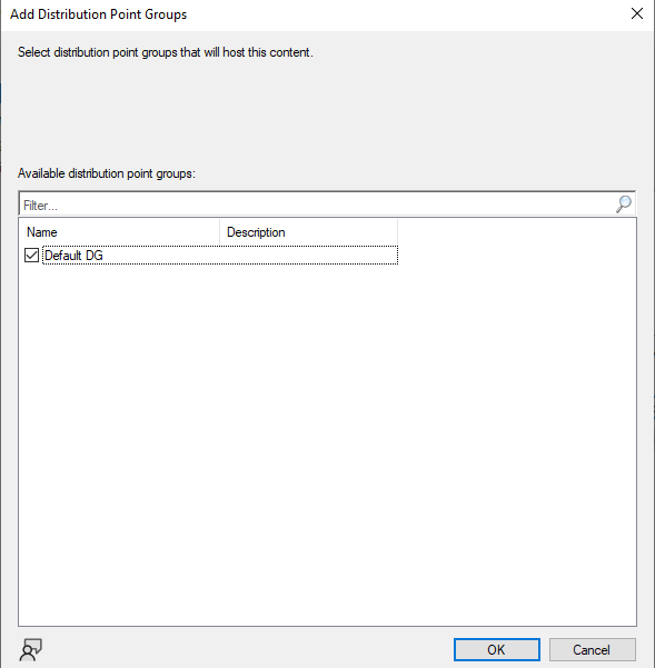Add Distribution Point Groups screen with a distribution point group selected