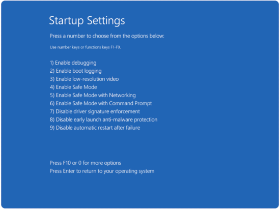 Startup Settings Options