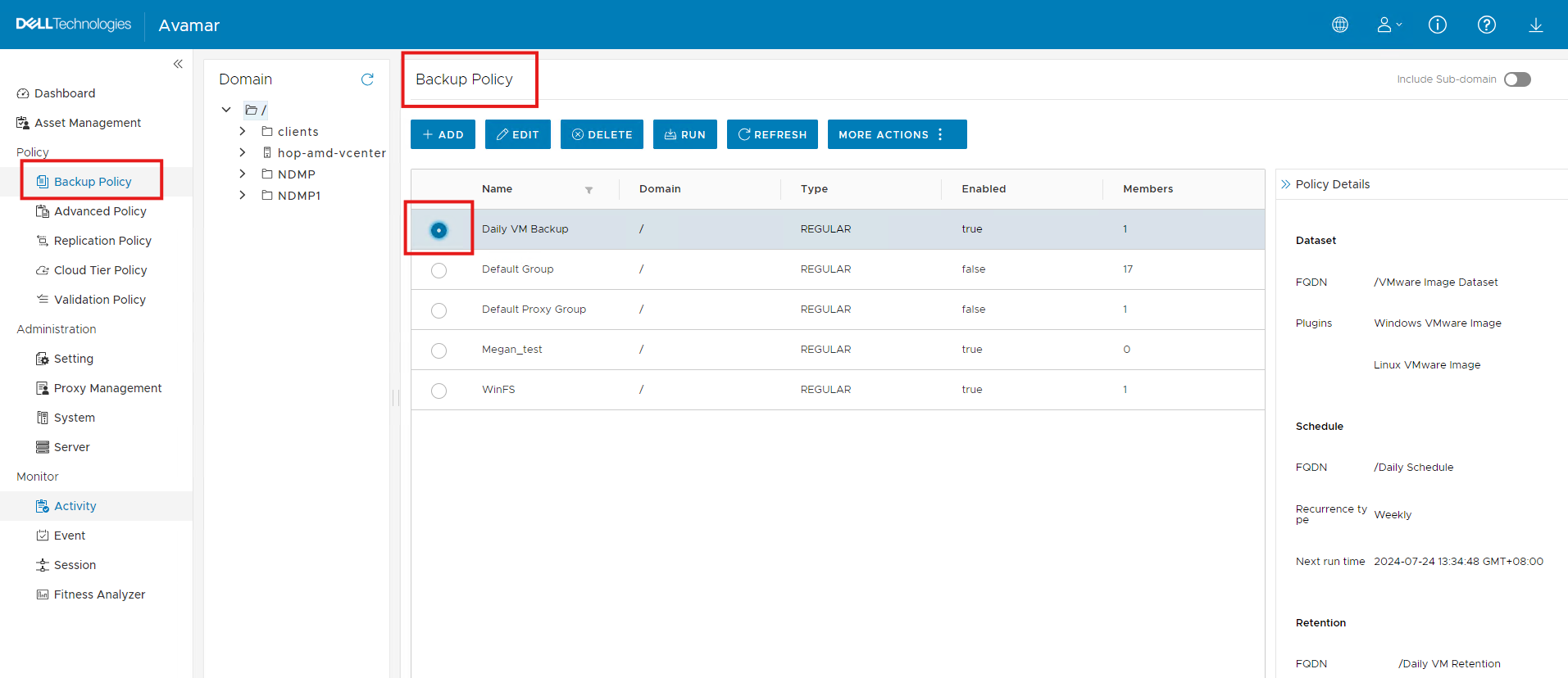 Avamar-Benutzeroberfläche mit der Registerkarte 