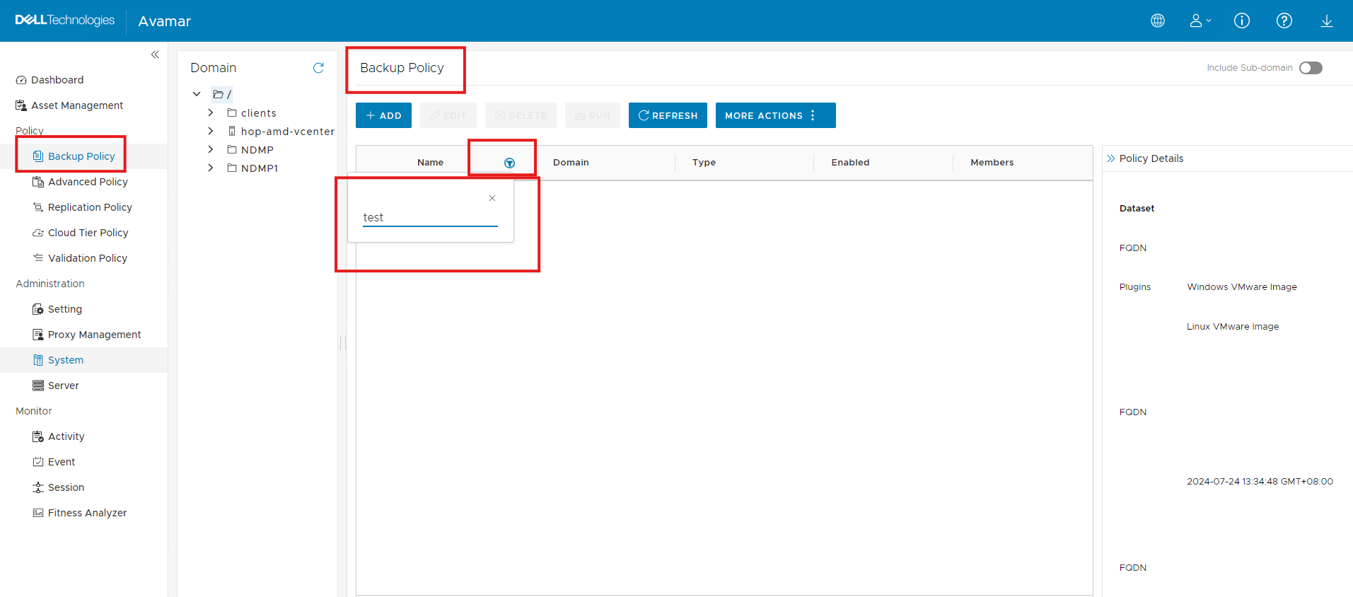 Avamar-Benutzeroberfläche zeigt die Registerkarte 