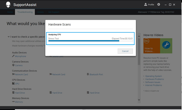 Running SupportAssist CPU stress test