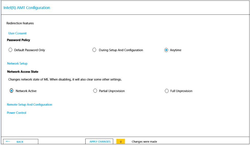 Intel(R) AMT Configuration menu