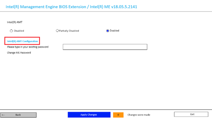 Hyperkobling for Intel(R) AMT-konfigurasjon på Intel Management BIOS-utvidelsesskjermbildet