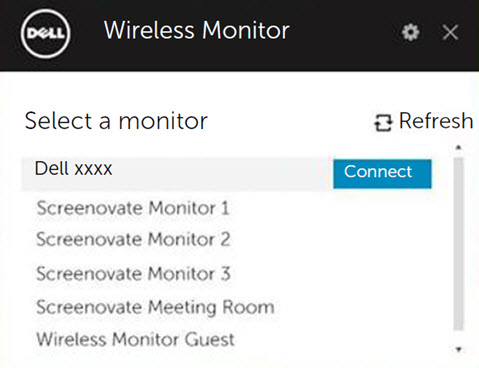 Dell Wireless Monitor uygulamasında algılanan Dell kablosuz monitör için kullanılabilir bağlantı seçeneği