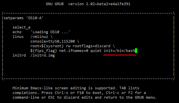 Menu edytora GNU GRUB 10.5.0.x lub wcześniejsze polecenie init=/bin/bash