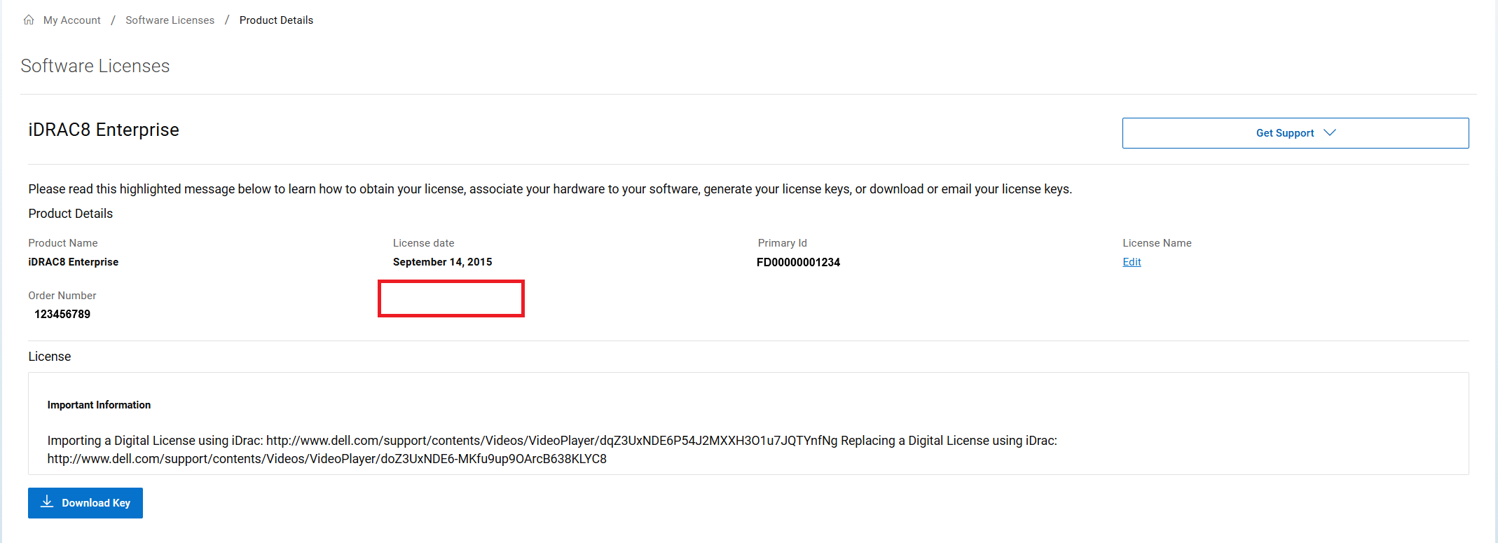 service tag missing from license details page