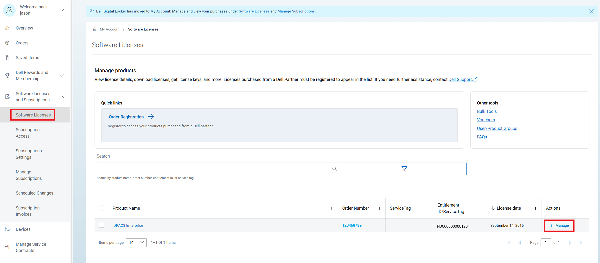 Select software licenses and then click manage
