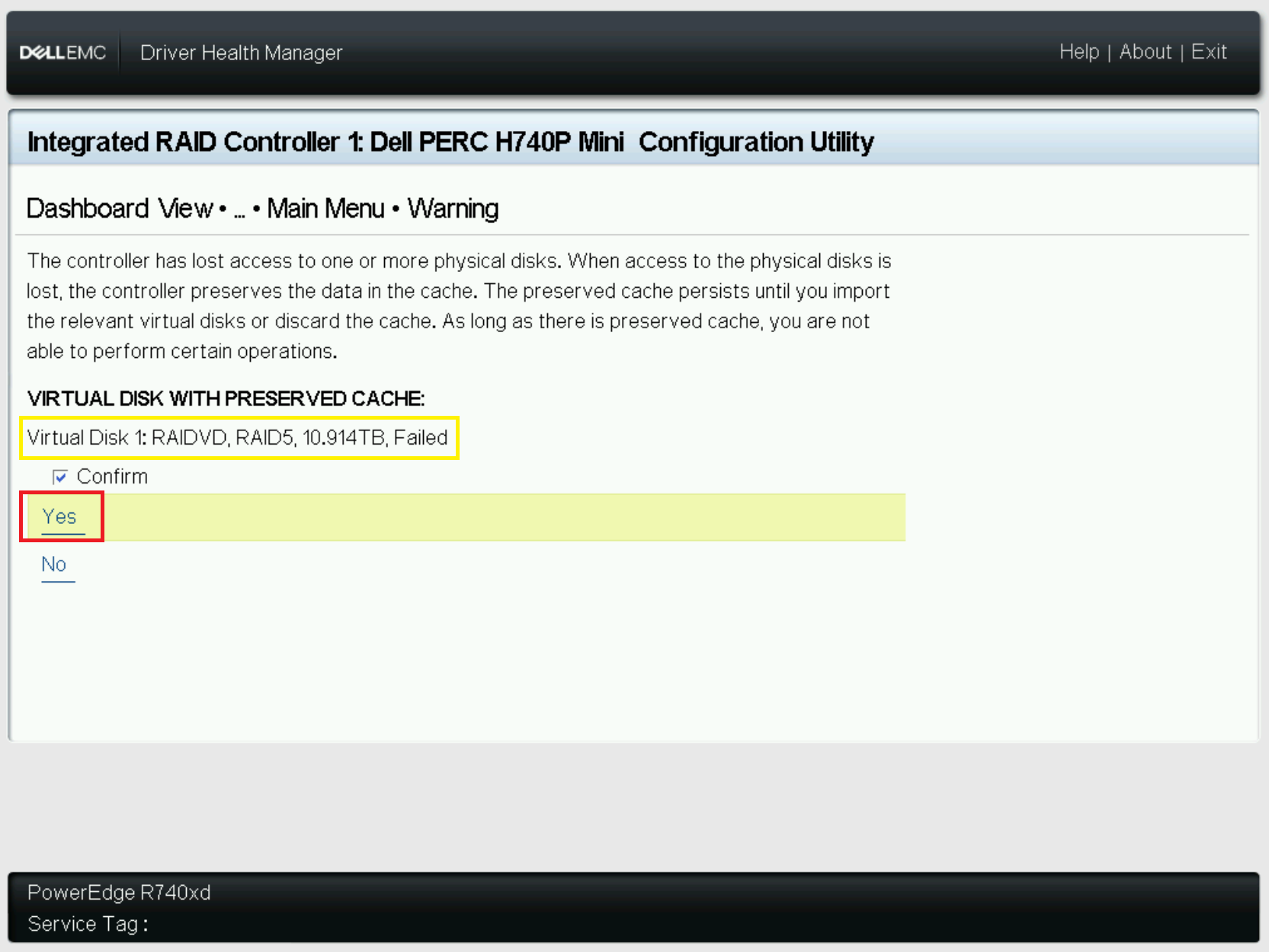 Choose yes to confirm discard of preserved cache