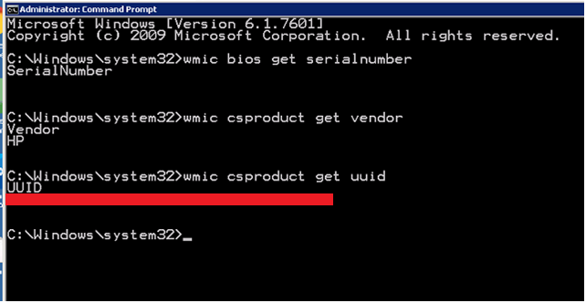 命令“wmic csproduct get UUID”的命令行输出