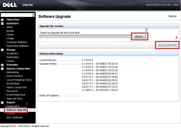Pantalla de actualización de software de la interfaz web de administración de DR