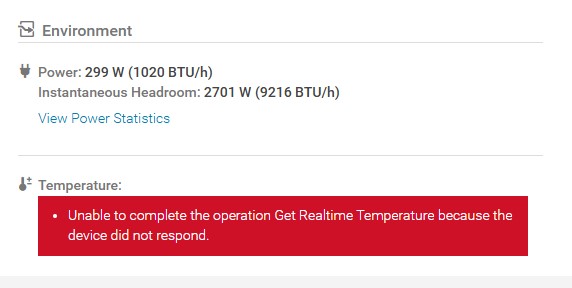 Device details page displays red box message: "Unable to complete the operation Get Realtime Temperature because the device did not respond."