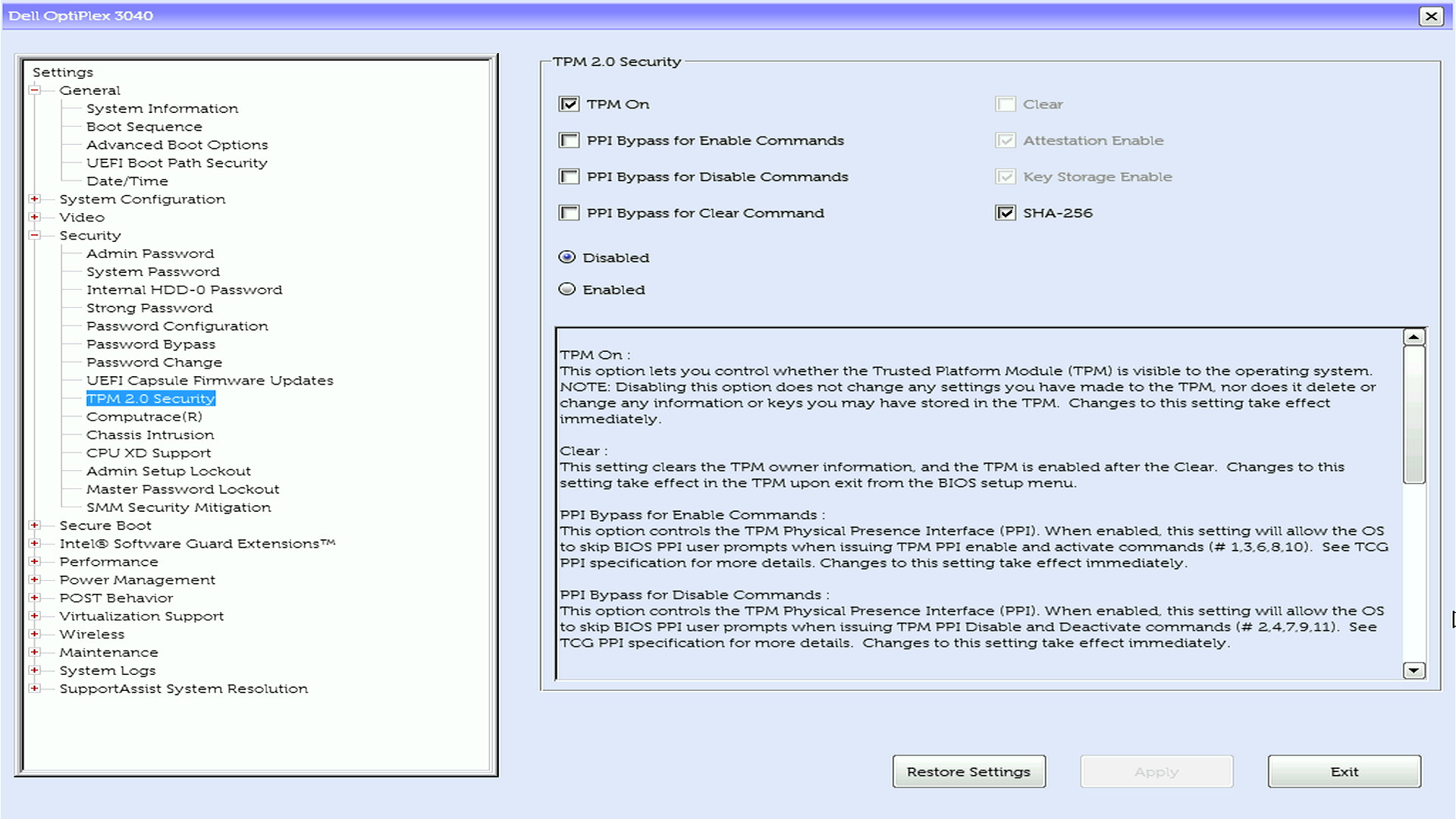 Captura de pantalla de un BIOS de computadora de escritorio OptiPlex 3040 que muestra la opción de seguridad TPM On marcada
