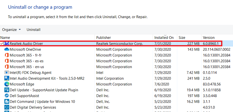liste des pilotes audio Realtek dans programmes et fonctionnalités