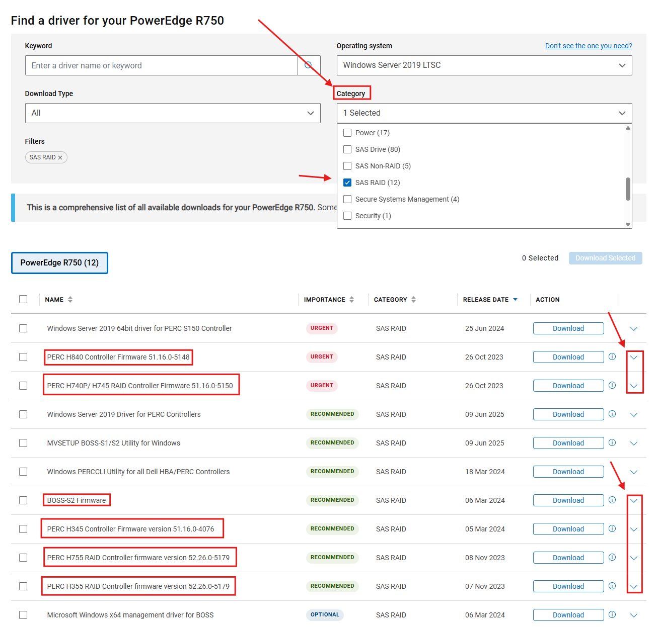 R750-Optionen für RAID-Controller-Firmwaredownloads