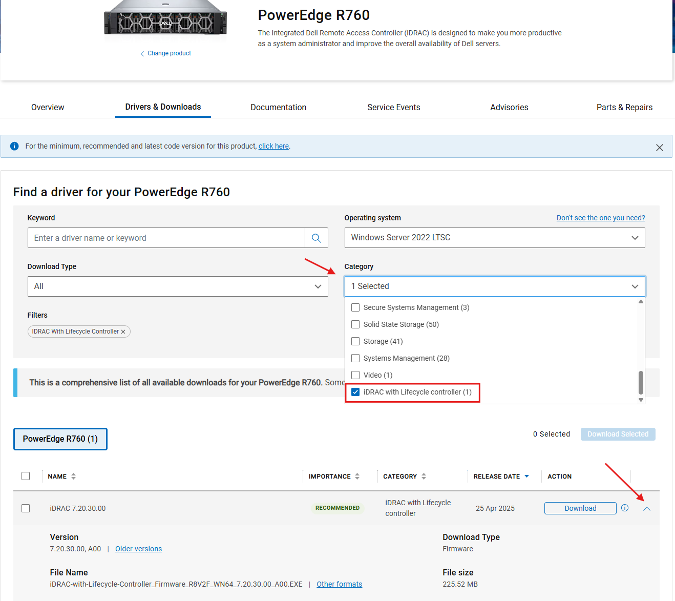 Dell support-webpagina met de downloads voor de R760 iDRAC