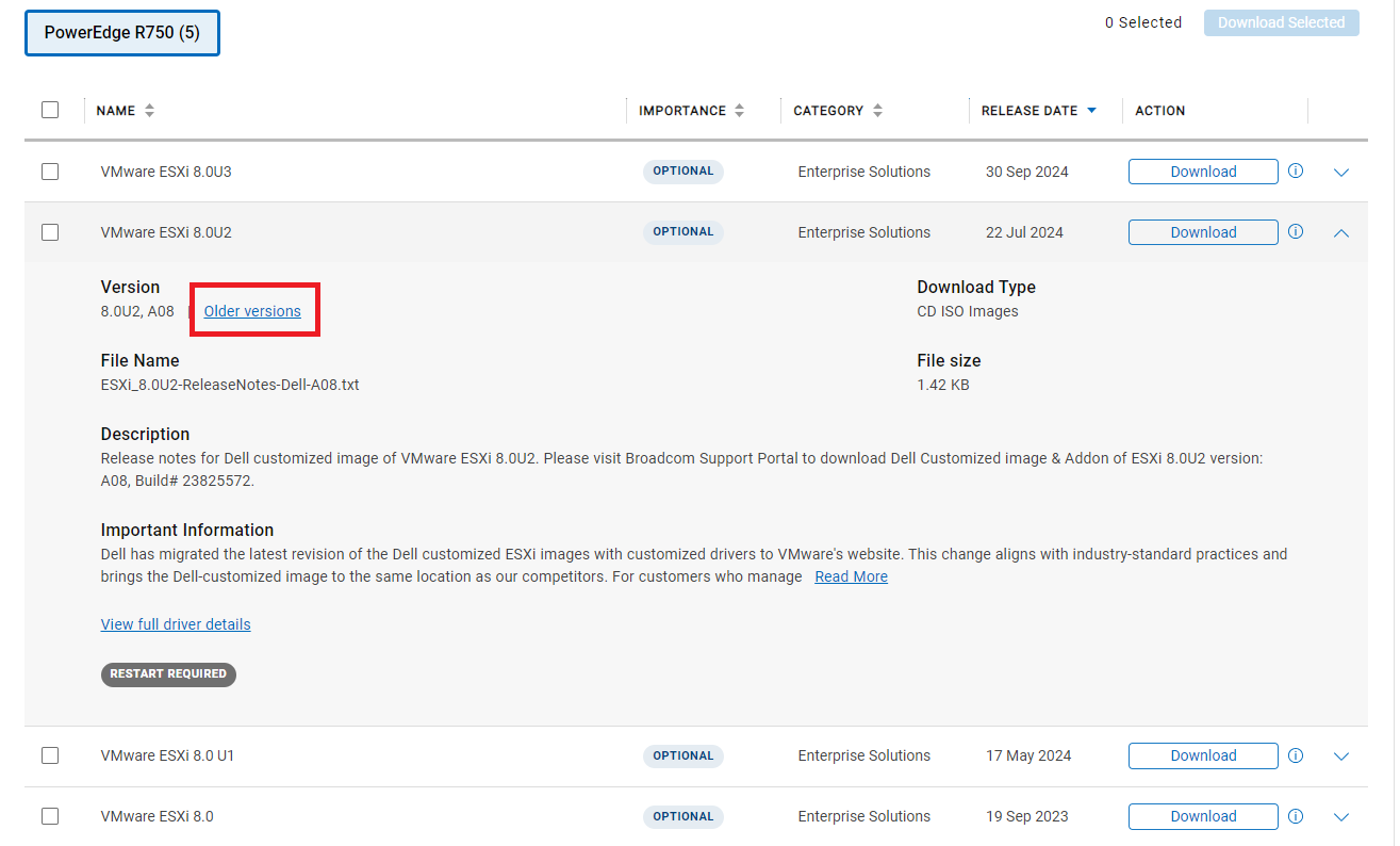 Selected download version
