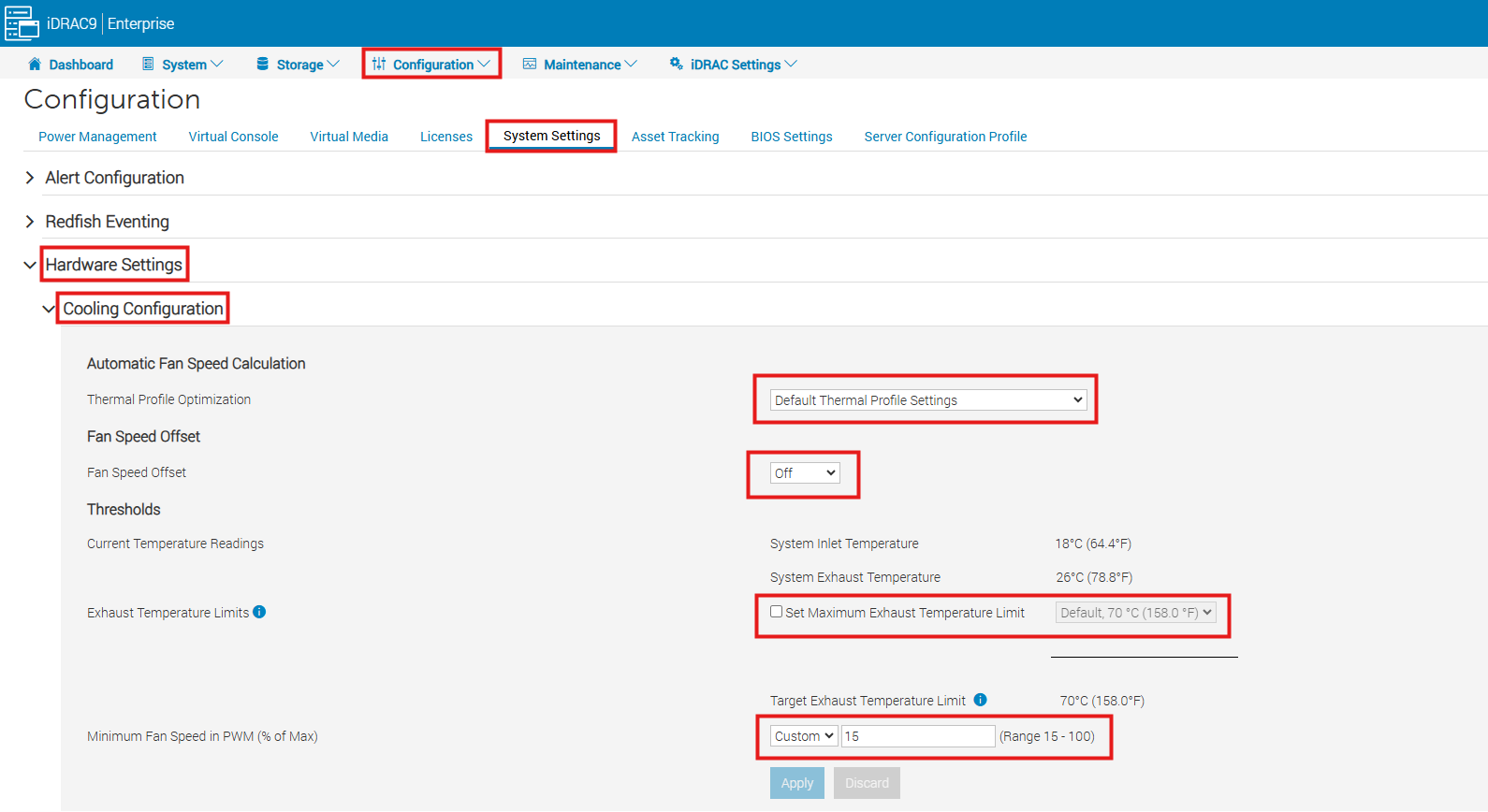 Definições de configuração de refrigeração da interface Web do iDRAC9