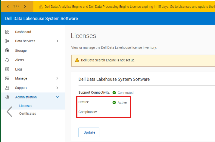 In License section UI, the compliance field in Dell Data Lakehouse System Software license is empty but the status shows ACTIVE