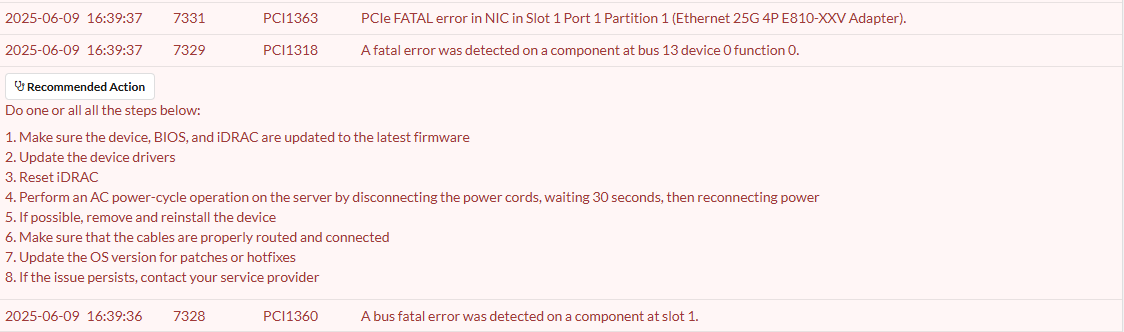 PCI Fatal BUS errors from the LCC Log.