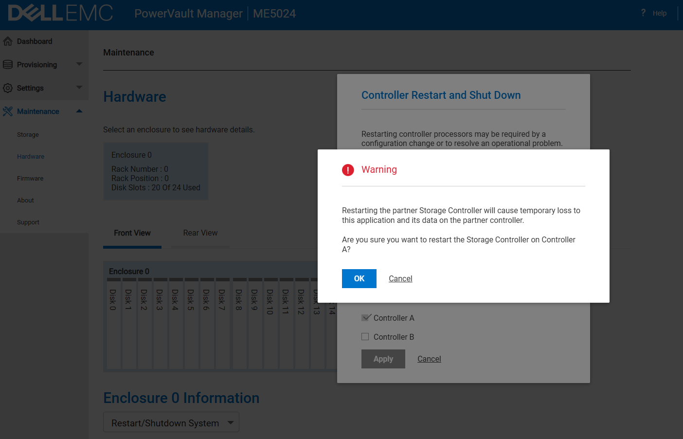 Obrazovka vypnutí řadiče nástroje PowerVault Manager