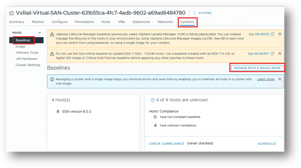 Fanen vCenter-opdateringer viser basislinjer/administration med et enkelt billede