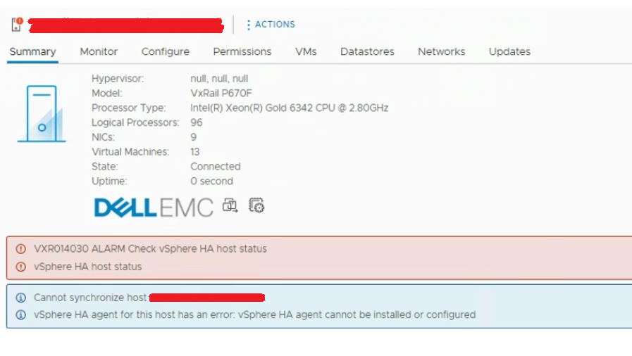 ALARM VXR014030 hata resmi: vSphere HA ana bilgisayar durumunu kontrol edin