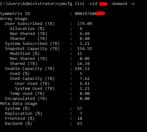sceenshot of symcfg -sid <sid> list -demand -v command
