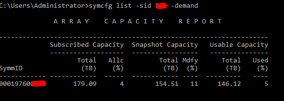 Capture d’écran de la commande symcfg -sid <sid> list -demand