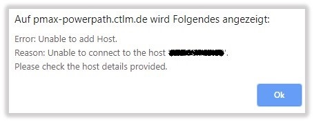 Die PowerPath-Benutzeroberfläche zeigt die Fehlermeldung 