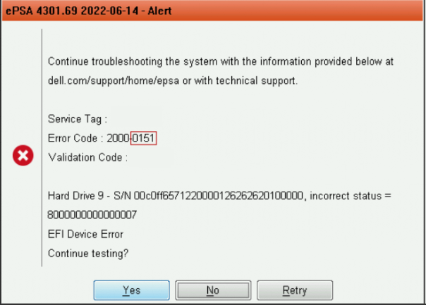 ePSA diagnostic returning error code 2000-0151
