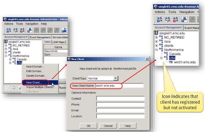 Avamar UI 圖示顯示已從用戶端註冊