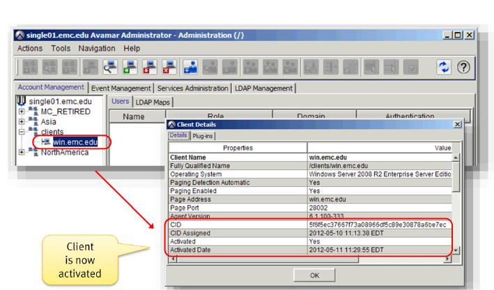 Avamar UI 用戶端顯示為已啟動