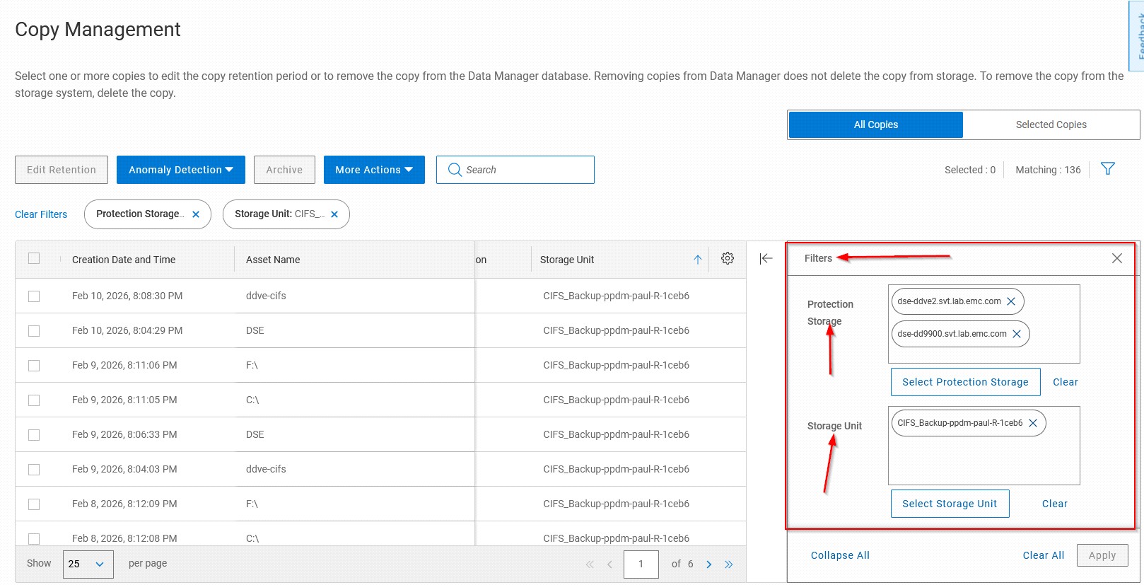UI 顯示複製管理區段填入篩選器以供檢視