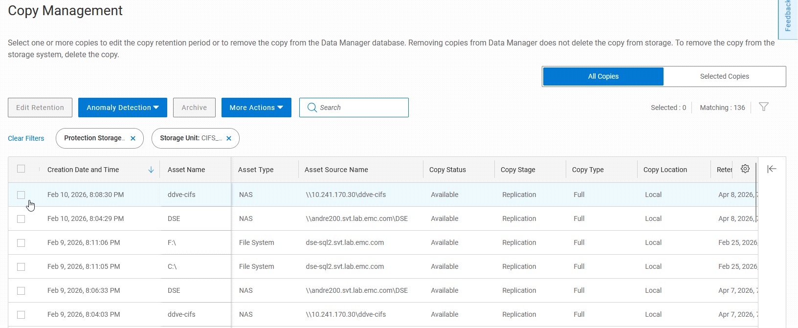 UI 顯示複本管理區段篩選檢視
