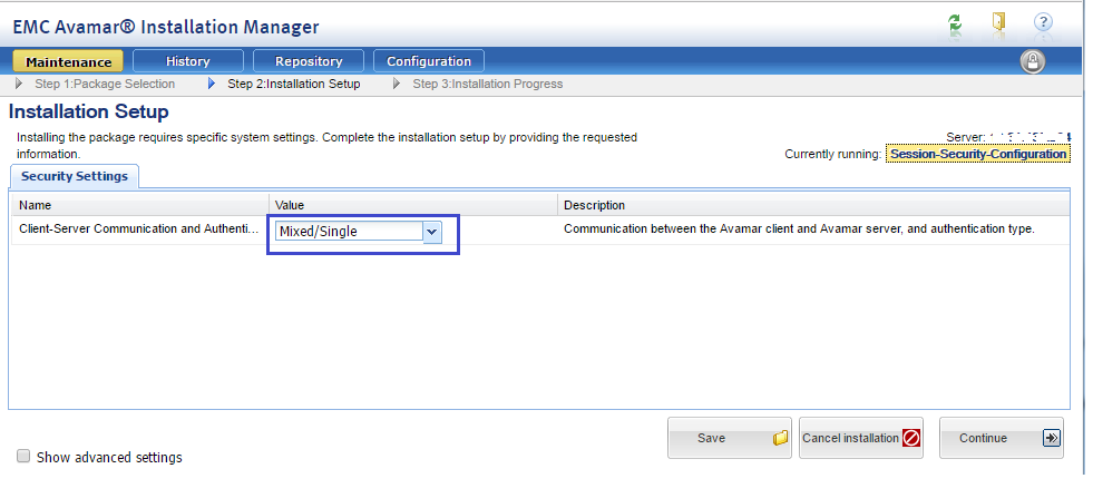 Sett opp installasjon Sikkerhetsinnstillinger – dobbel eller blandet valgt 