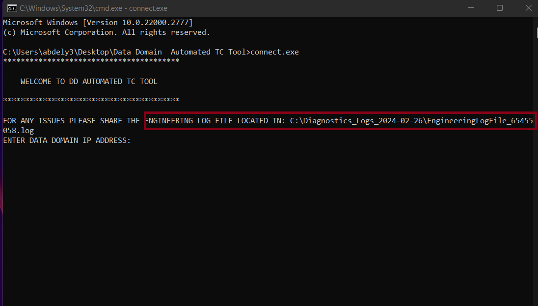 Pantalla de bienvenida del script y ubicación de la ruta del archivo de registro de ingeniería